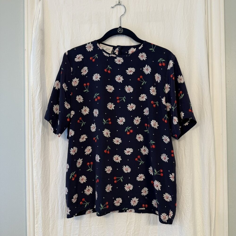 Vtg 90s Kathie Lee Navy Cherry Daisy‎ Pullover Blouse Top Sz Large Floral Artsy